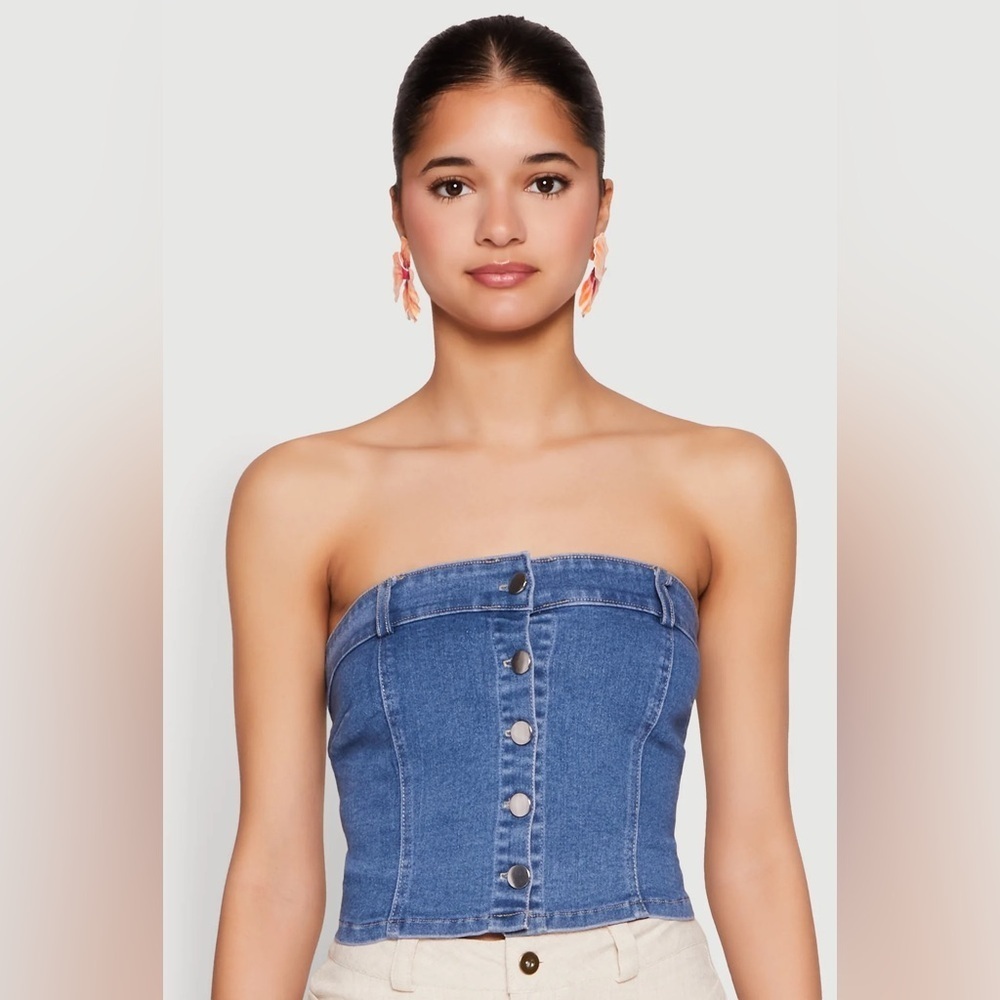 Haute Monde Womens Button Front Denim Tube Top - Medium Wash Size Large